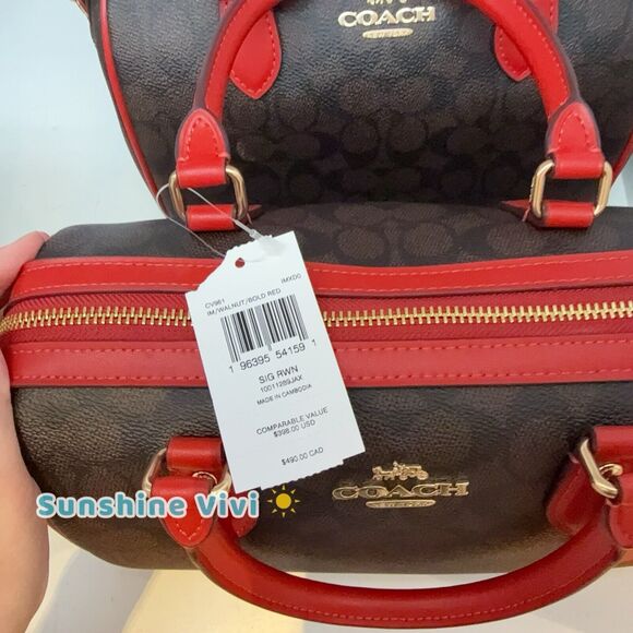 NWT Coach Rowan Satchel In Signature Canvas CV961 Walnut /Bold Red - Picture 9 of 9